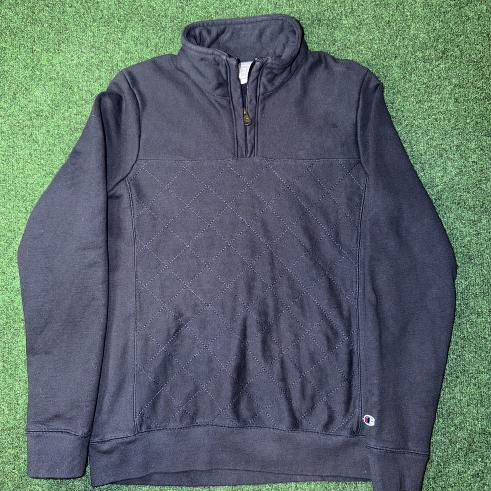 Champion Reverse Weave Quarter Zip Men's Small Blue Squared Preppy Design 109
